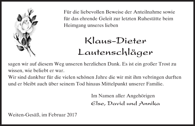  Traueranzeige für Klaus-Dieter Lautenschläger vom 08.02.2017 aus Trauerportal Echo Online