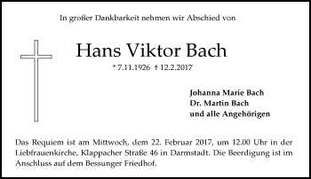 Traueranzeige von Hans Viktor Bach von Trauerportal Echo Online