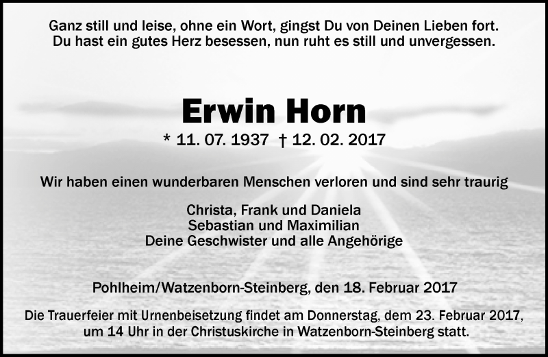  Traueranzeige für Erwin Horn vom 18.02.2017 aus  Gießener Anzeiger