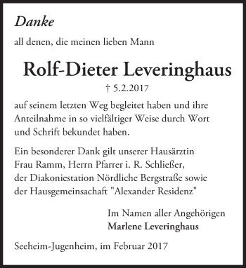 Traueranzeige von Rolf-Dieter Leveringhaus von Trauerportal Echo Online