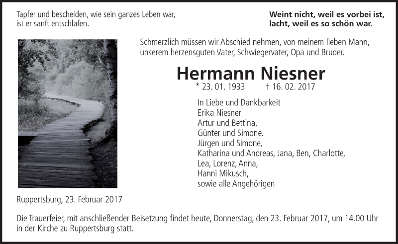  Traueranzeige für Hermann Niesner vom 23.02.2017 aus  Gießener Anzeiger