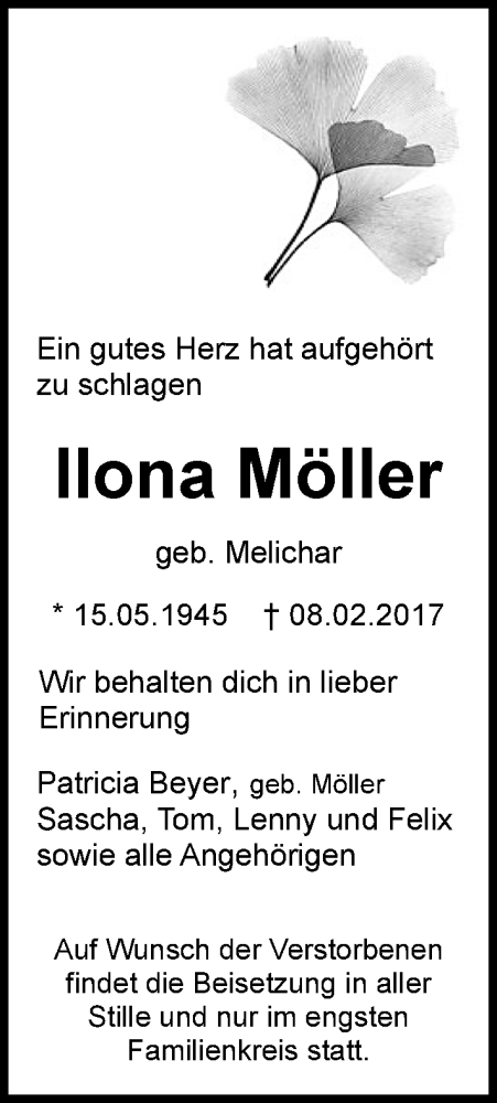  Traueranzeige für Ilona Möller vom 11.02.2017 aus Trauerportal Echo Online