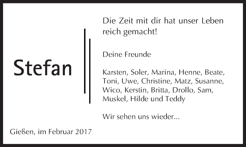  Traueranzeige für Stefan  vom 25.02.2017 aus  Gießener Anzeiger