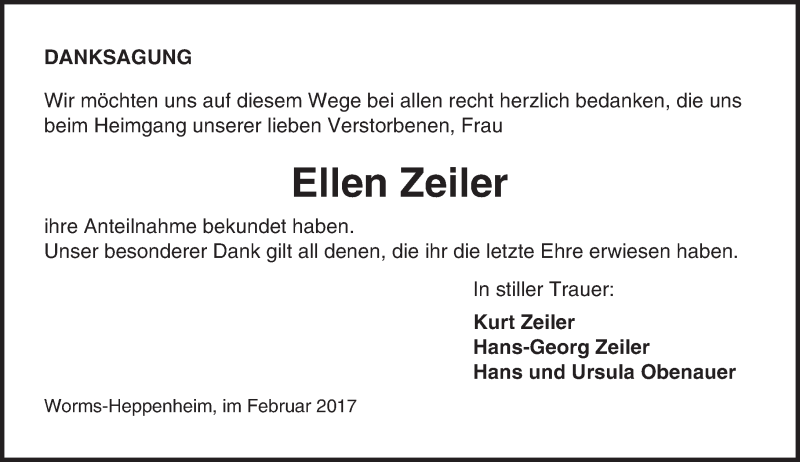  Traueranzeige für Ellen Zeiler vom 13.02.2017 aus Trauerportal Rhein Main Presse