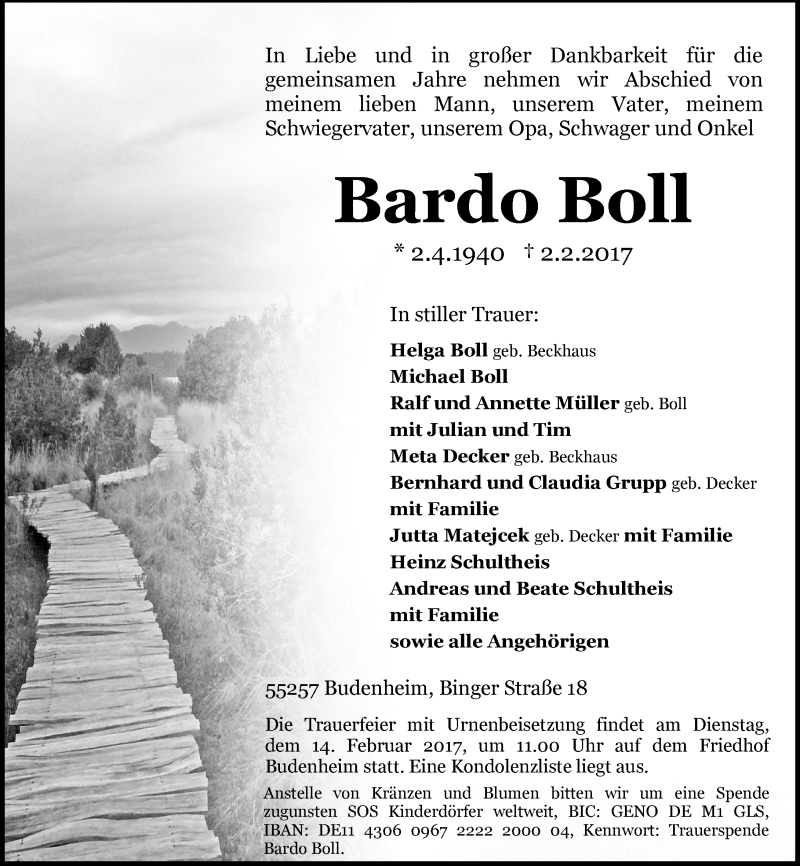  Traueranzeige für Bardo Boll vom 11.02.2017 aus Trauerportal Rhein Main Presse