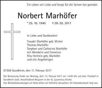 Traueranzeige von Norbert Marhöfer von Trauerportal Rhein Main Presse