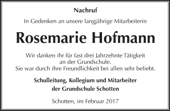 Traueranzeige von Rosemarie Hofmann von  Kreisanzeiger