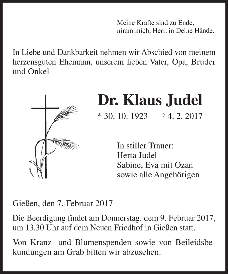  Traueranzeige für Klaus Judel vom 07.02.2017 aus  Gießener Anzeiger