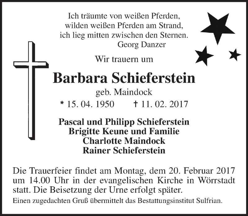  Traueranzeige für Barbara Schieferstein vom 16.02.2017 aus Trauerportal Rhein Main Presse