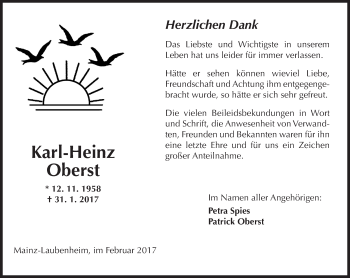 Traueranzeige von Karl-Heinz Oberst von Trauerportal Rhein Main Presse