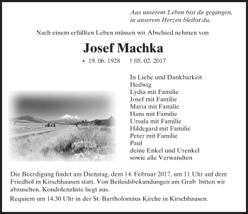 Traueranzeige von Josef Machka von Trauerportal Echo Online