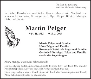 Traueranzeige von Martin Pelger von Trauerportal Rhein Main Presse