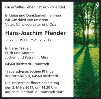 Traueranzeige von Hans-Joachim Pfänder von Trauerportal Echo Online