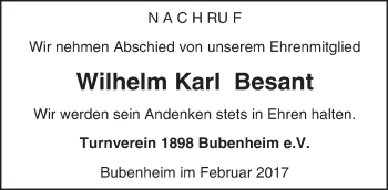 Traueranzeige von Wilhelm Karl Besant von Trauerportal Rhein Main Presse