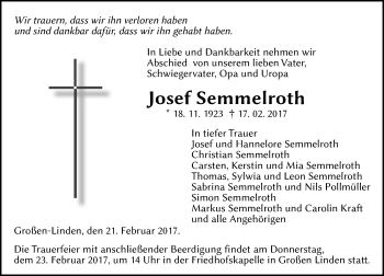 Traueranzeige von Josef Semmelroth von  Gießener Anzeiger