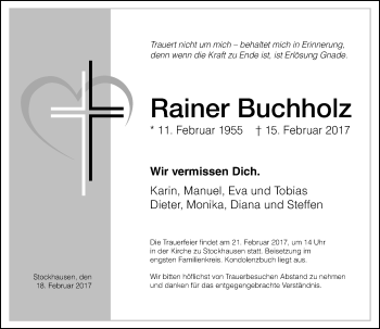 Traueranzeige von Rainer Buchholz von VRM Trauer