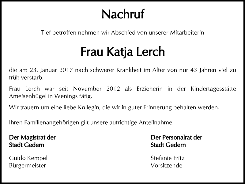  Traueranzeige für Katja Lerch vom 11.02.2017 aus  Kreisanzeiger