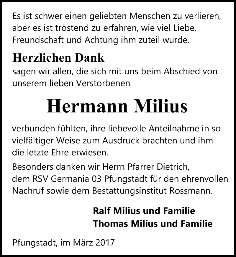  Traueranzeige für Hermann Milius vom 01.03.2017 aus Trauerportal Echo Online