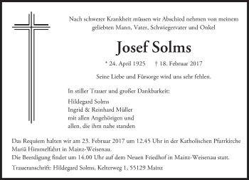 Traueranzeige von Josef Solms von Trauerportal Rhein Main Presse