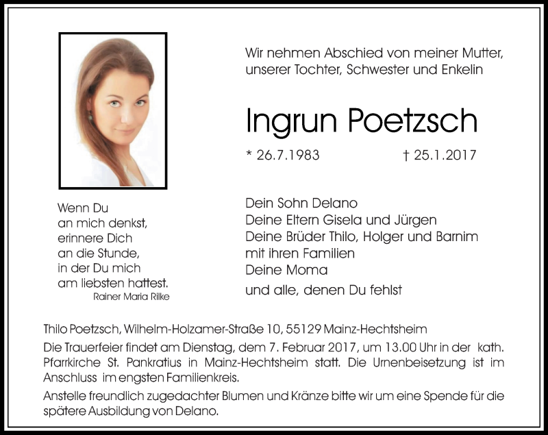  Traueranzeige für Ingrun Poetzsch vom 01.02.2017 aus Trauerportal Rhein Main Presse