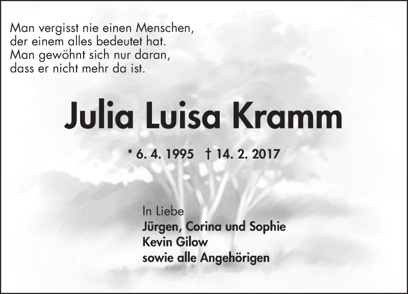  Traueranzeige für Julia Luisa Kramm vom 25.02.2017 aus Trauerportal Rhein Main Presse