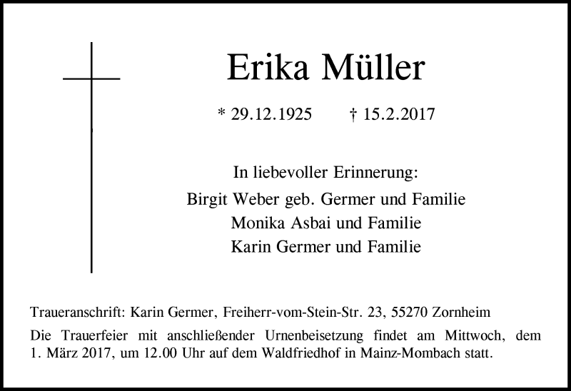  Traueranzeige für Erika Müller vom 23.02.2017 aus Trauerportal Rhein Main Presse