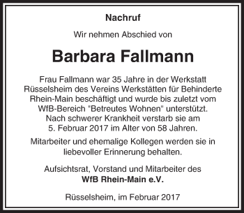Traueranzeige von Barbara Fallmann von Trauerportal Rhein Main Presse