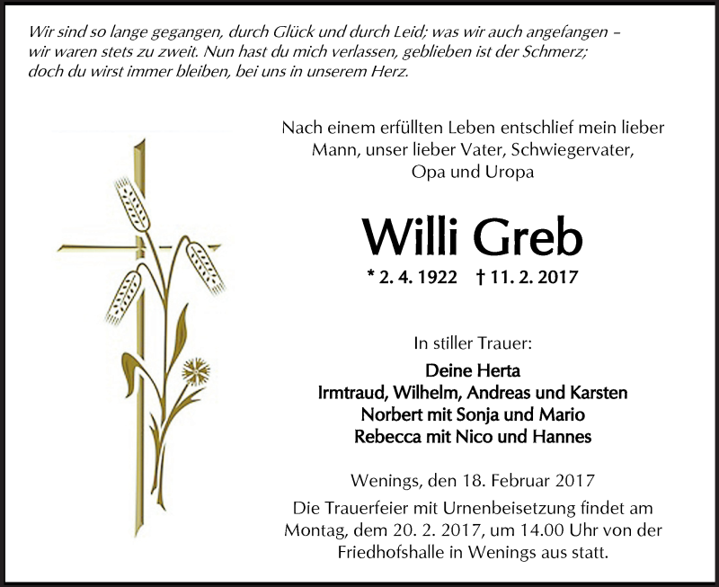  Traueranzeige für Willi Greb vom 18.02.2017 aus  Kreisanzeiger