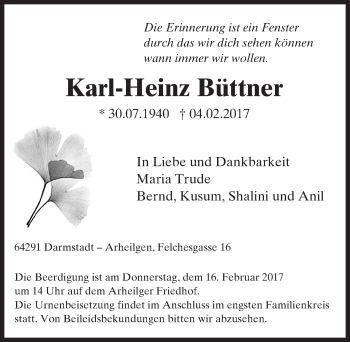 Traueranzeige von Karl-Heinz Büttner von Trauerportal Echo Online