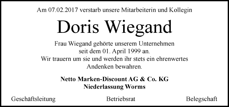 Traueranzeige für Doris Wiegand vom 20.02.2017 aus Trauerportal Echo Online