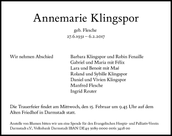 Traueranzeige von Annemarie Klingspor von Trauerportal Echo Online