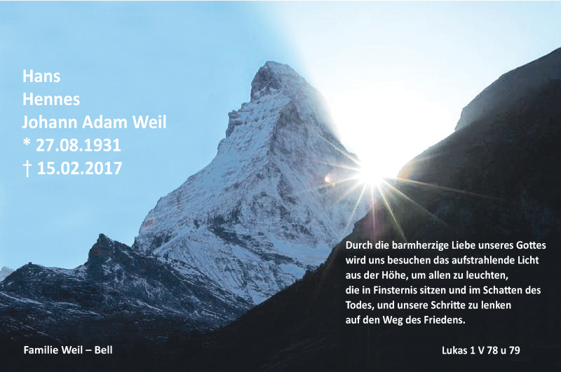  Traueranzeige für Hans Hennes Johann Adam Weil vom 18.02.2017 aus Trauerportal Rhein Main Presse