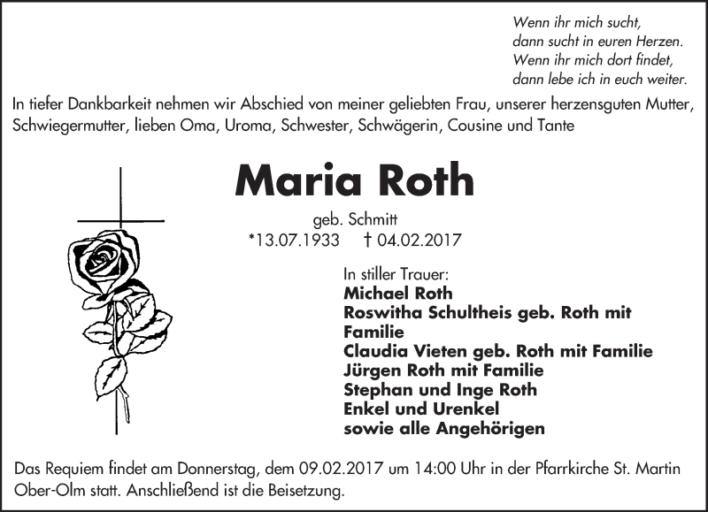  Traueranzeige für Maria Roth vom 07.02.2017 aus Trauerportal Rhein Main Presse