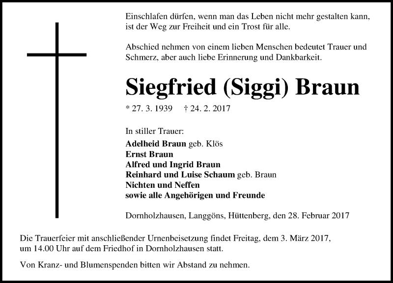  Traueranzeige für Siegfried  Braun vom 28.02.2017 aus  Gießener Anzeiger