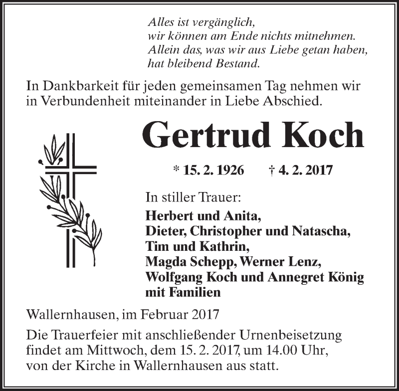 Traueranzeige für Gertrud Koch vom 11.02.2017 aus  Kreisanzeiger