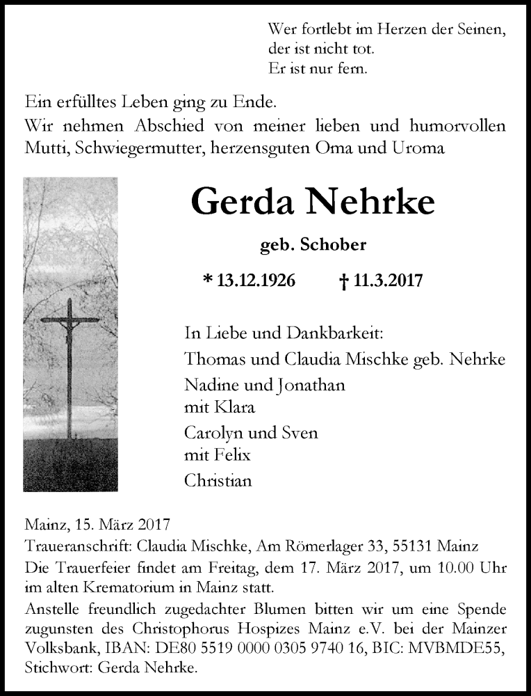  Traueranzeige für Gerda Nehrke vom 15.03.2017 aus Trauerportal Rhein Main Presse
