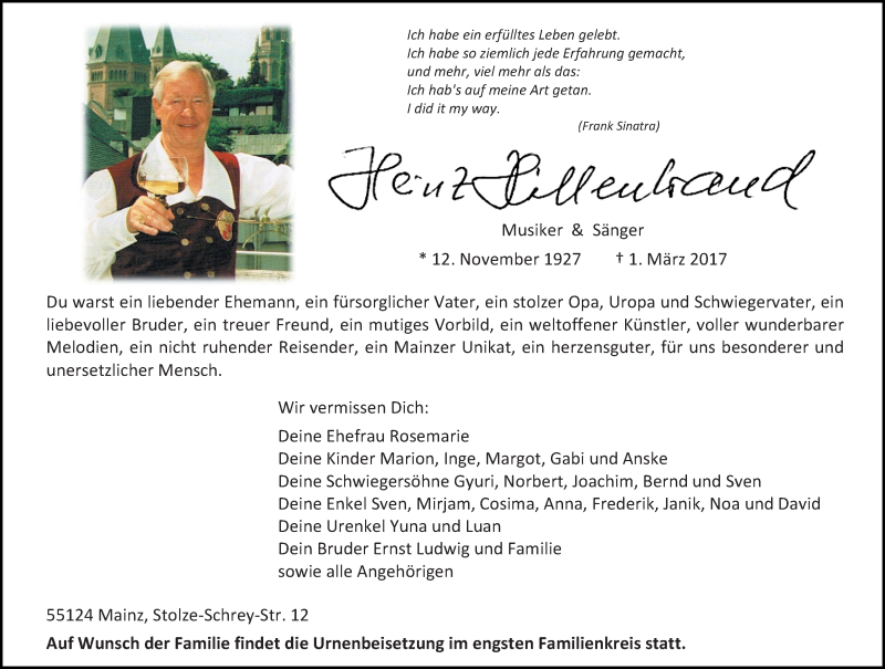  Traueranzeige für Heinz Hillenbrand vom 11.03.2017 aus Trauerportal Rhein Main Presse
