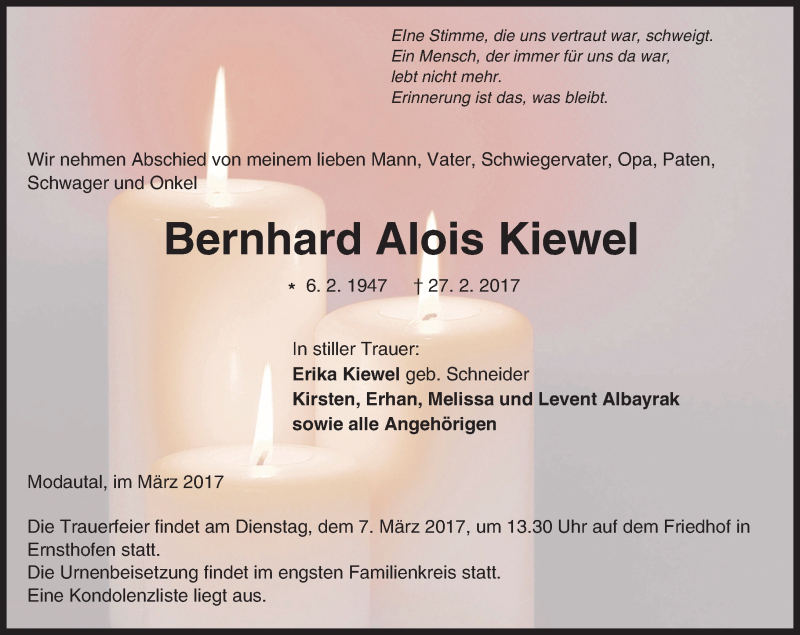  Traueranzeige für Bernhard Alois Kiewel vom 04.03.2017 aus Trauerportal Echo Online