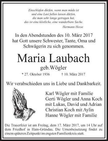 Traueranzeige von Maria Laubach von  Gelnhäuser Tageblatt