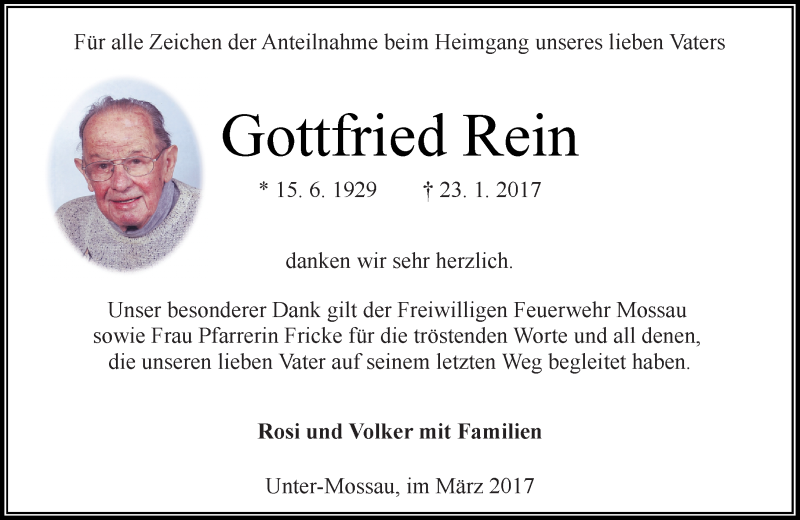  Traueranzeige für Gottfried Rein vom 04.03.2017 aus Trauerportal Echo Online