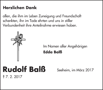 Traueranzeige von Rudolf Balß von Trauerportal Echo Online