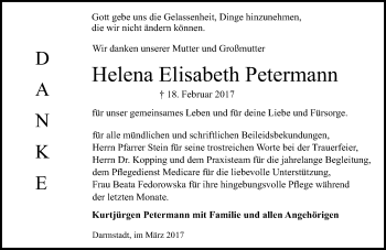 Traueranzeige von Helena Elisabeth Petermann von Trauerportal Echo Online