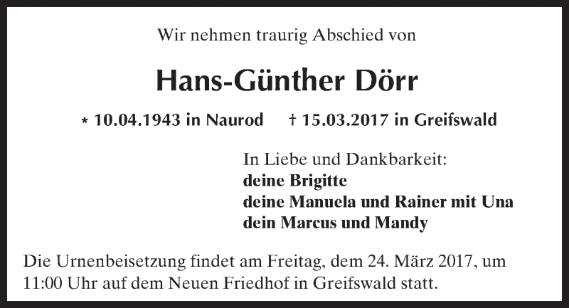  Traueranzeige für Hans-Günther Dörr vom 21.03.2017 aus Trauerportal Rhein Main Presse