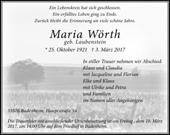 Traueranzeige von Maria Wörth von Trauerportal Rhein Main Presse