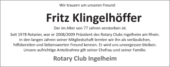 Traueranzeige von Fritz Klingelhöfer von Trauerportal Rhein Main Presse