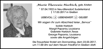 Traueranzeige von Marie Theresia Harbich von  Gießener Anzeiger