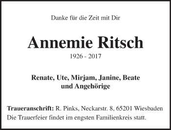 Traueranzeige von Annemie Ritsch von Trauerportal Rhein Main Presse