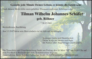 Traueranzeige von Tilman Wilhelm Johannes Schäfer von Trauerportal Echo Online