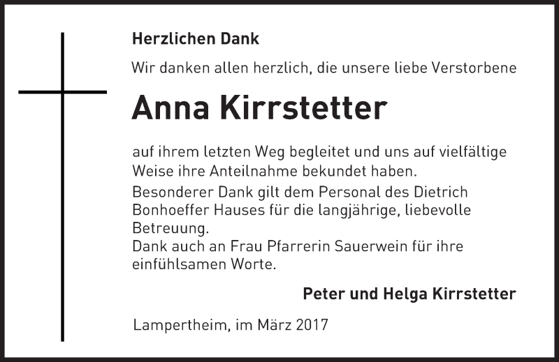  Traueranzeige für Anna Kirrstetter vom 04.03.2017 aus Trauerportal Echo Online