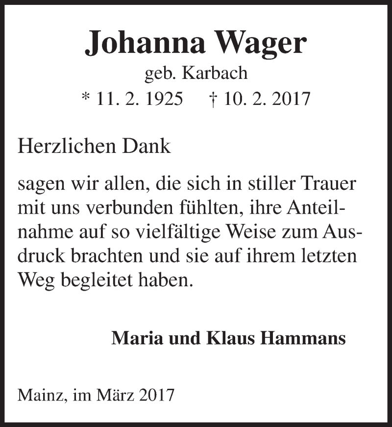  Traueranzeige für Johanna  Wagner vom 11.03.2017 aus Trauerportal Rhein Main Presse